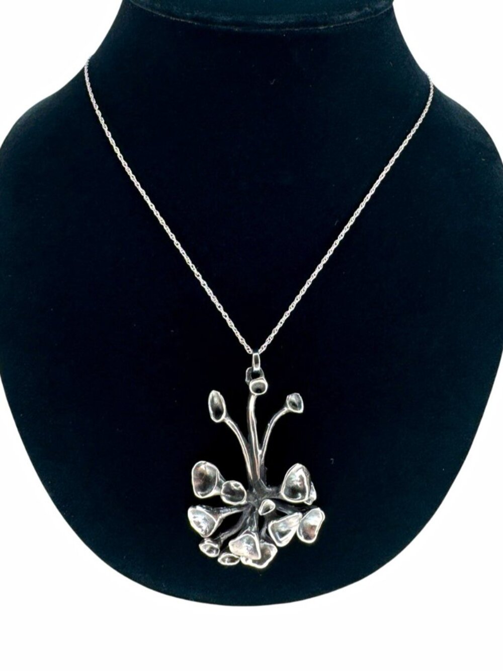 Hannu Ikonen Vintage 1970 Finland Sterling Brutalist Flower Pendant Necklace